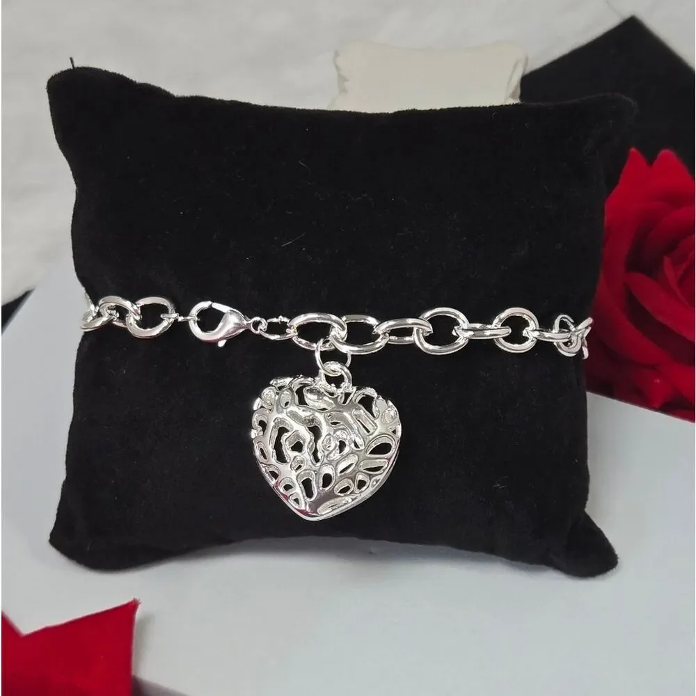 Puffy Filigree Heart Bracelet Stainless Steel Chunky Chain Love Romantic Gift